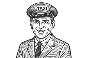 taxi driver engraving sketch vector, a Person Illustration by AlexArt