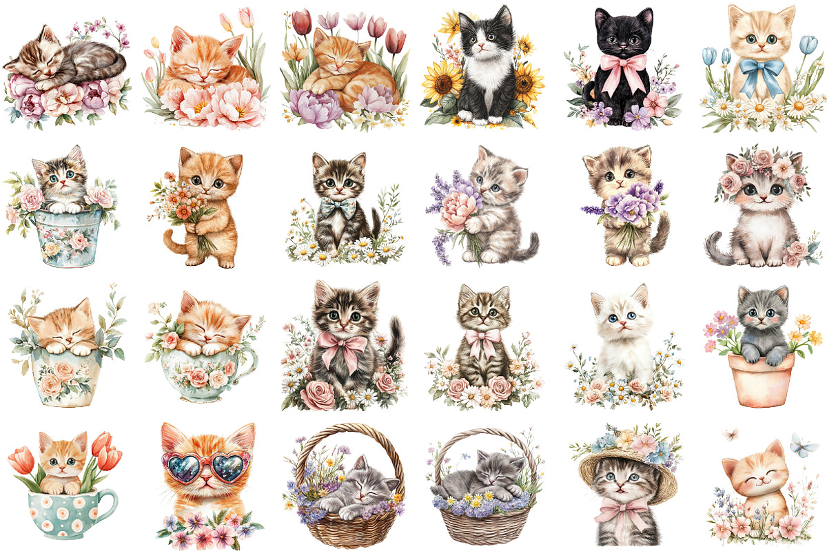 Watercolor Floral Kitten Clipart, a Seasonal Illustration by designcity5 (Photo 2 of 5)