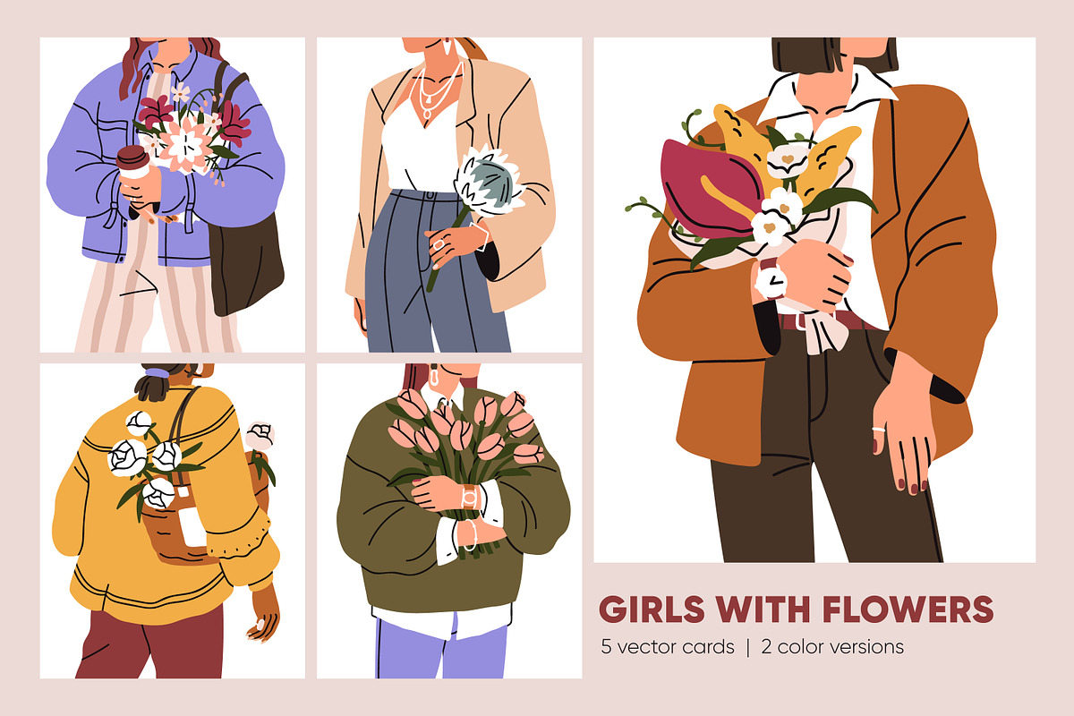 Women with flower bouquets cards set, a Person Illustration by Good Studio (Photo 1 of 6)