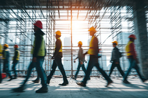 Construction workers walking briskly, a Photo by Pixeness Studio