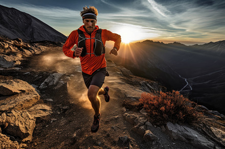 A dynamic shot of a trail runner in action, running downhill on, a Sports & Recreation Photo by designvectx
