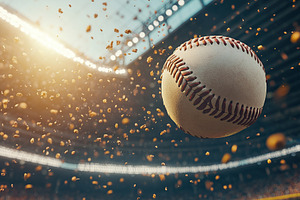 Leather baseball in flight on blurred background, a Photo by AlyaAnd