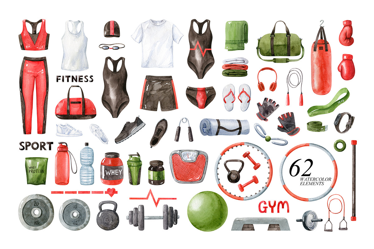 Fitness Equipment watercolor clipart, an Illustration by Natalia Fedorova (Photo 3 of 8)