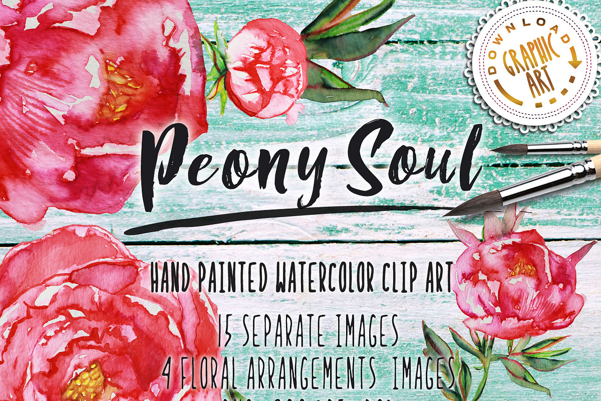 Watercolor clipart; Peony wreath, a Decorative Illustration by Download Graphic Art (Photo 1 of 8)