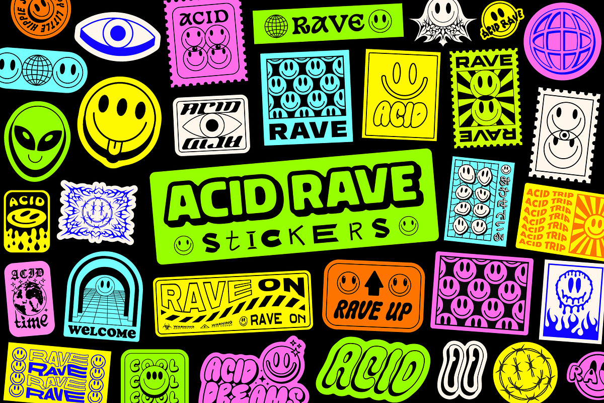 ACID RAVE STICKERS VECTOR SET, an Object Graphic by craftlove (Photo 1 of 3)