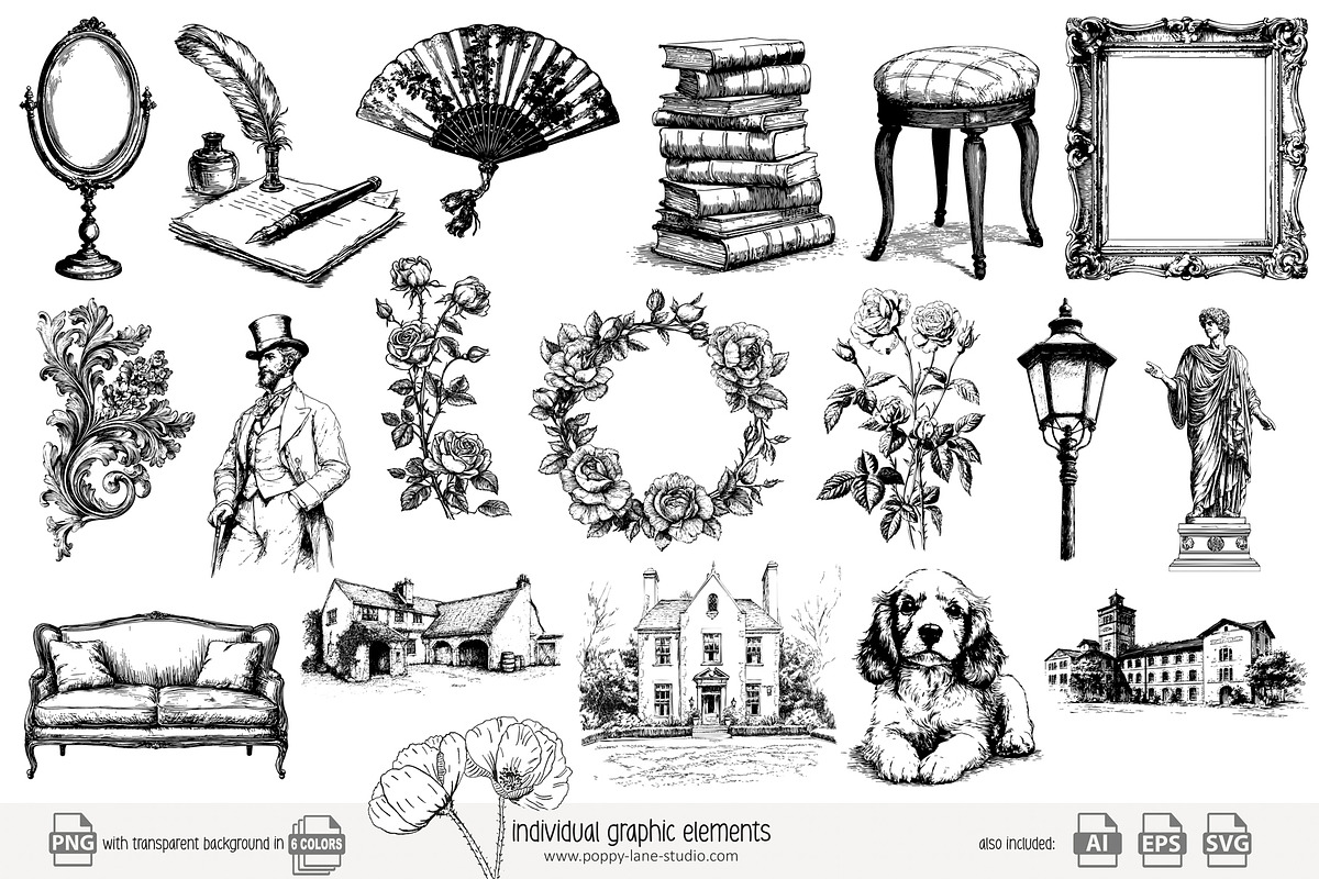 100 line art Victorian Era clip art, an Object Illustration by Poppy Lane Studio (Photo 2 of 13)
