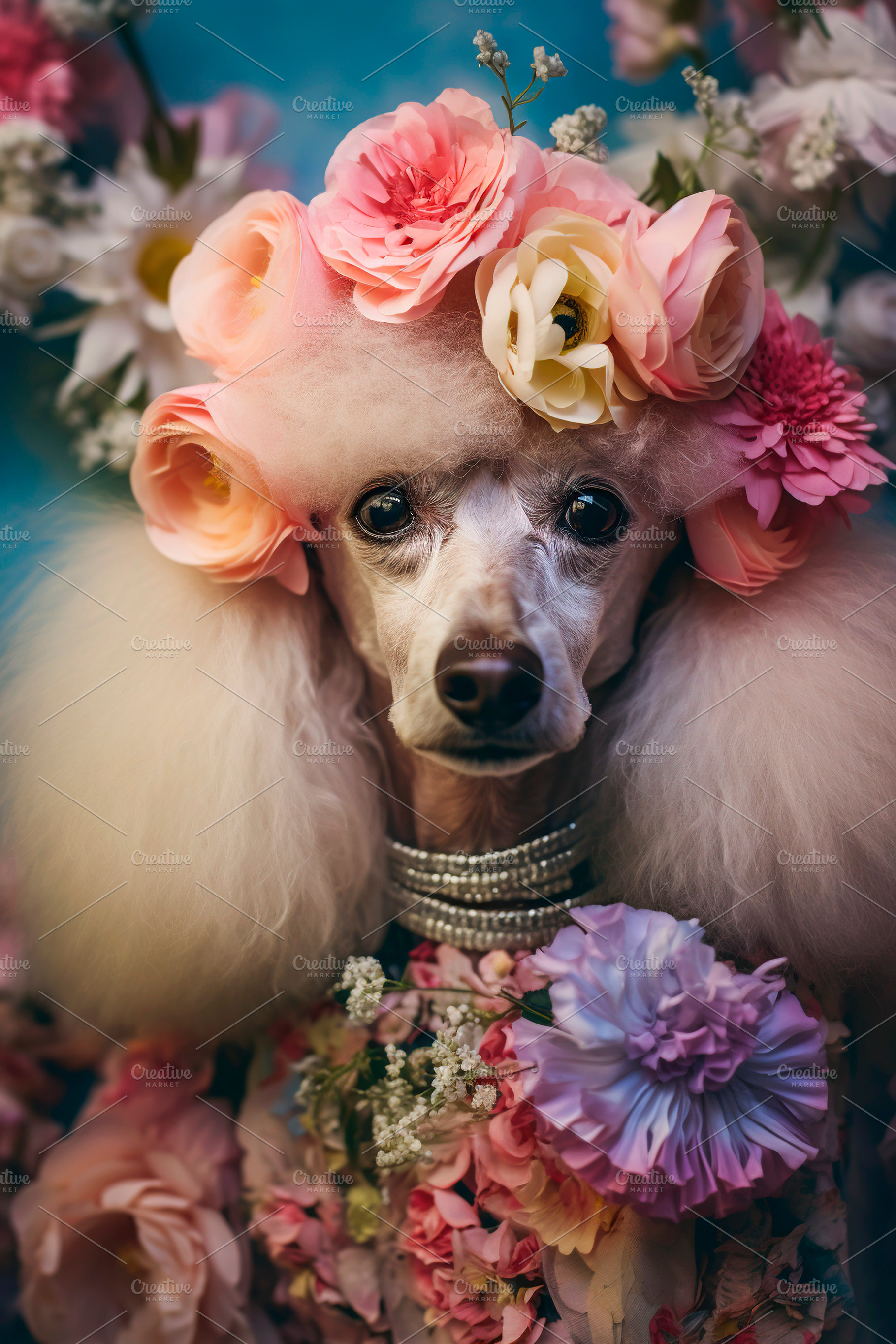Poodle dog with flowers, an Animal Photo by huertas19