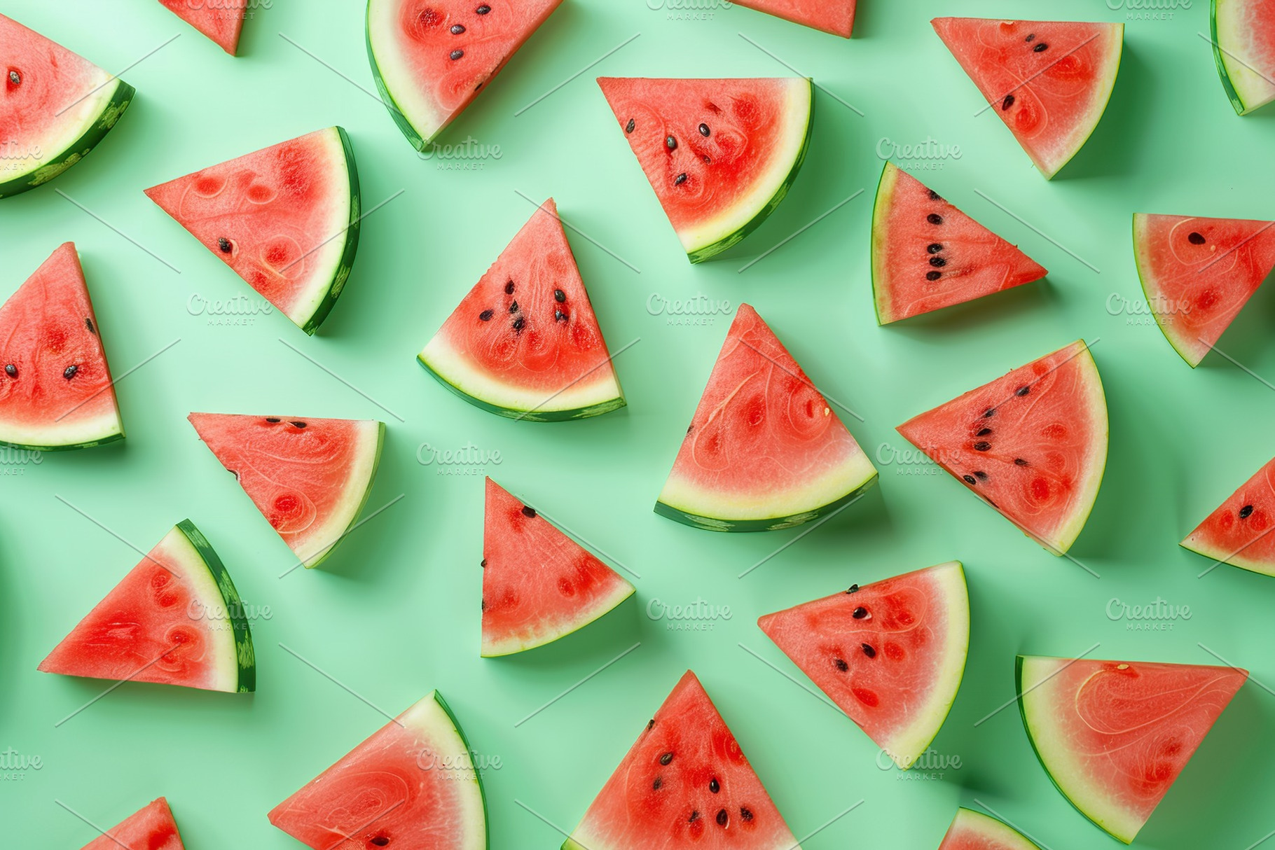Pattern of fresh watermelon slices on green background, a Food & Drink Photo by AlyaAnd