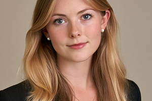 Young professional woman smiling, wearing a blazer, pearl earrin, a Person Photo by Studio ANNA