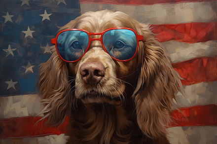 Beautiful dog with american flag on background. Generative AI, an Animal Photo by AlyaAnd