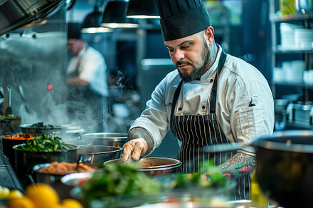 A passionate chef focuses on creatin, a Photo by Tanuart