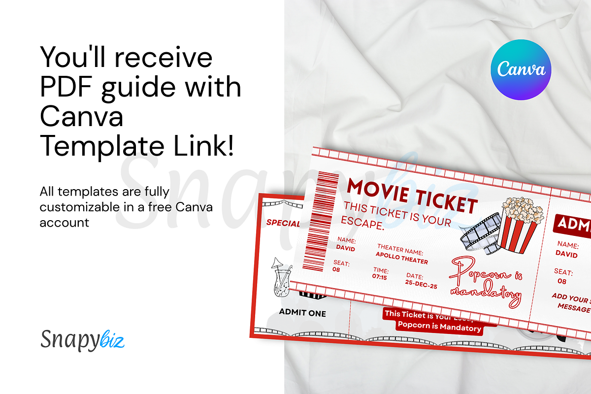 Editable Movie Ticket Canva Template, an Invitation Template by Snapybiz (Photo 2 of 8)