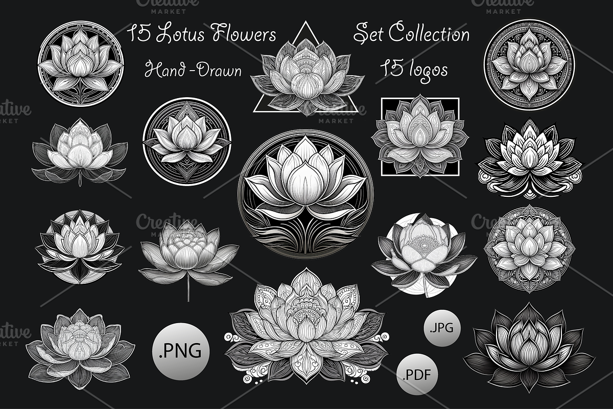 Sacred Lotus Flowers hand drawn logo, an Object Illustration by GraphicRedStudio (Photo 1 of 10)