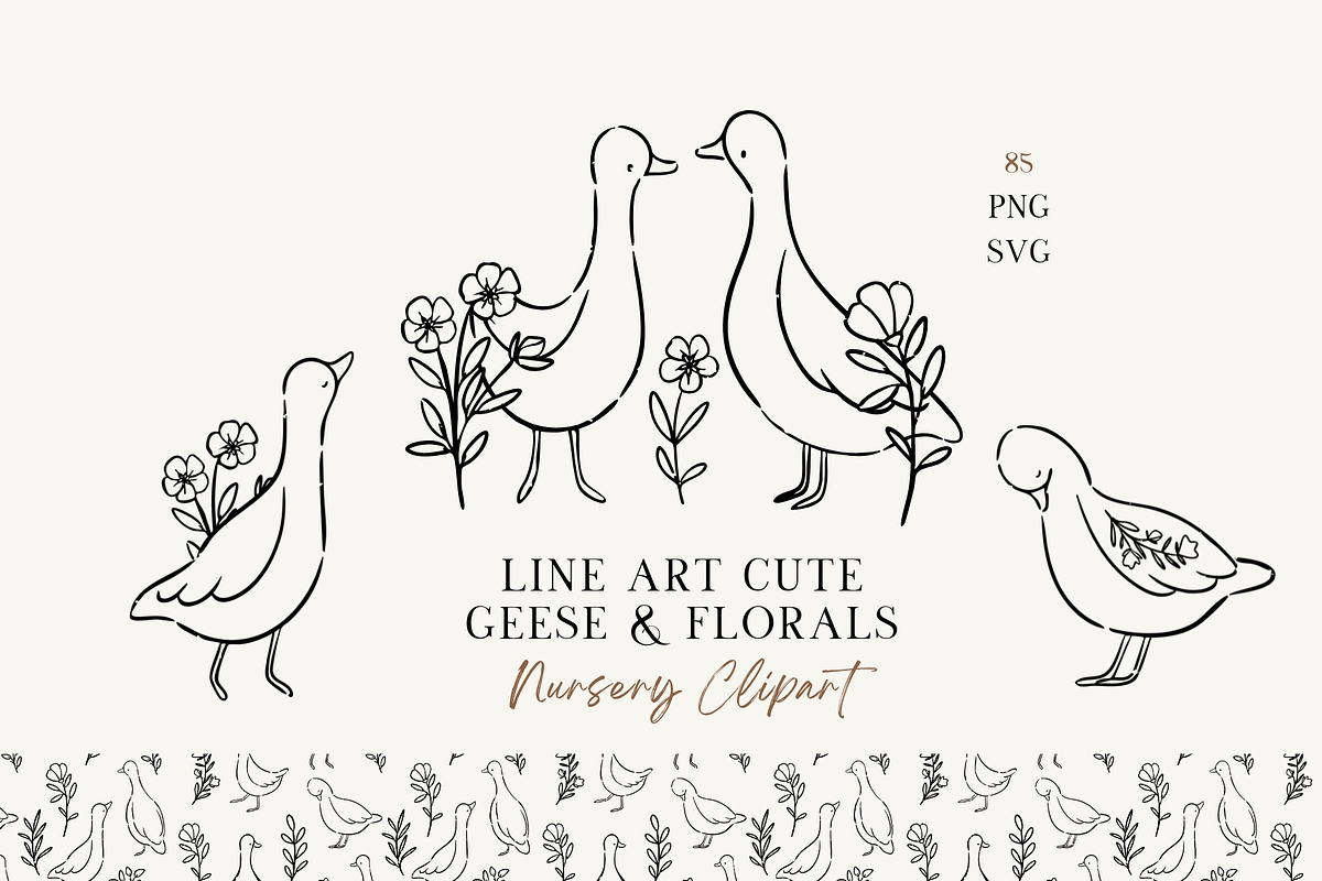 Line Art Cute Geese & Florals, an Animal Illustration by Jenteva Art (Photo 1 of 16)