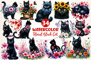 Watercolor Floral Black Cat Clipart, an Illustration by Dream Creation (Thumbnail 1 of 5)