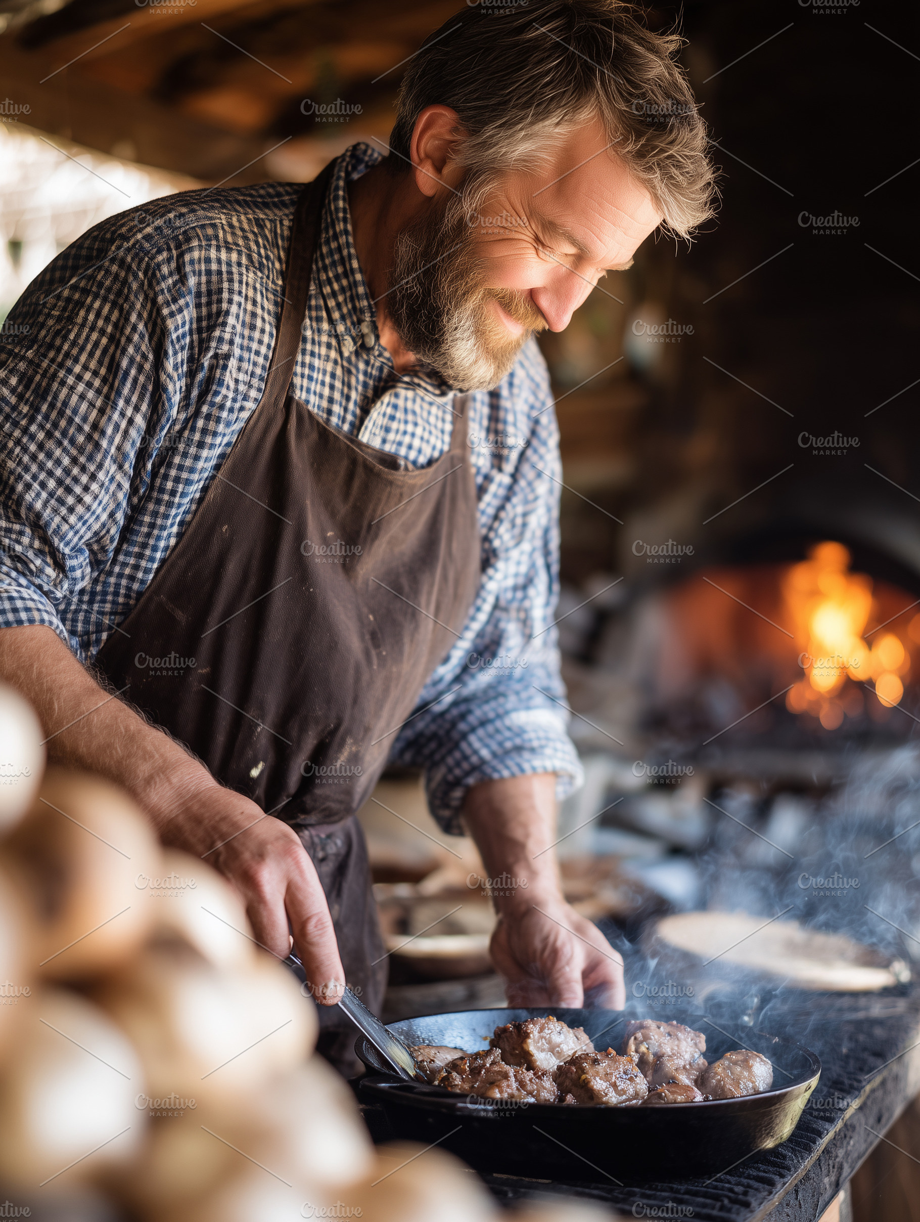Smiling mature chef cooking meat in, a Food & Drink Photo by MistyDay