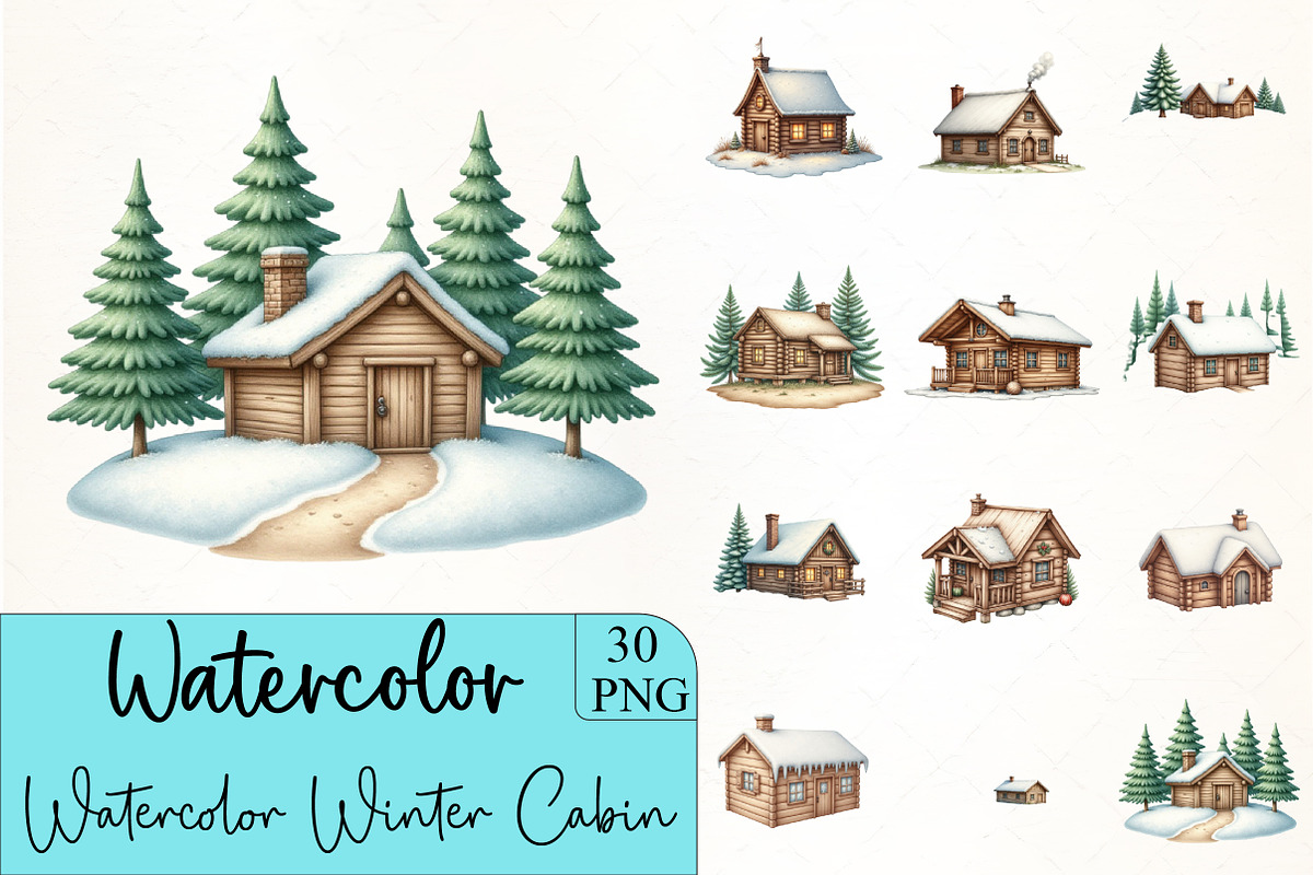 Watercolor Winter Cabin Clipart, an Illustration by CrexoraLab (Photo 1 of 5)