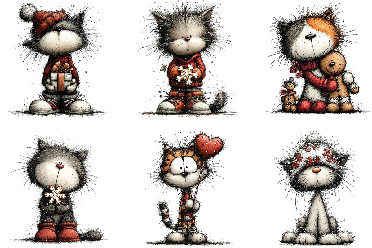 Whimsical Cats Christmas Clipart, an Illustration by CraftArtStudio (Photo 2 of 6)