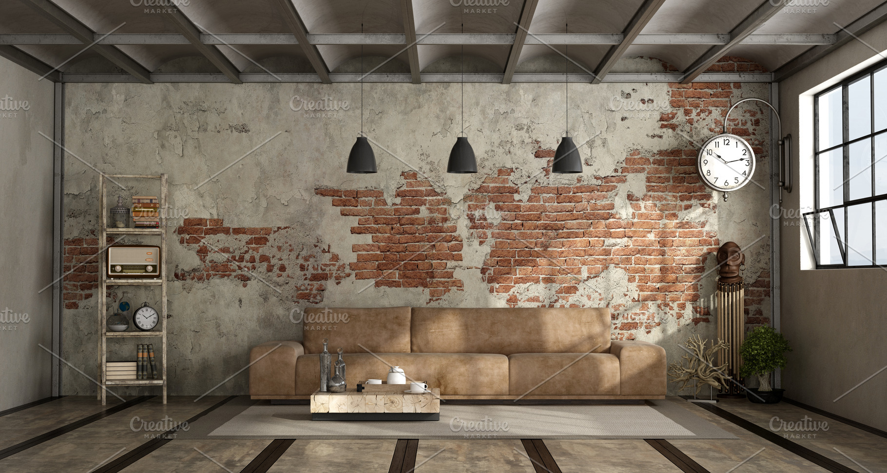 Living room in industrial style stock photo containing living room and, an Architecture Photo by Archideaphoto