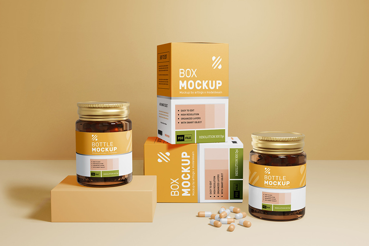 Pills Jar and Box Mockup, a Packaging Mockup by Artlogs x Modaldesain (Photo 2 of 3)