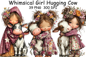 Whimsical Girl Hugging Cow Clipart, an Illustration by CraftArtStudio