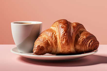 Cup of coffee and fresh croissant. Perfect breacfast in the morning., a Food & Drink Photo by Natalia Klenova's Shop