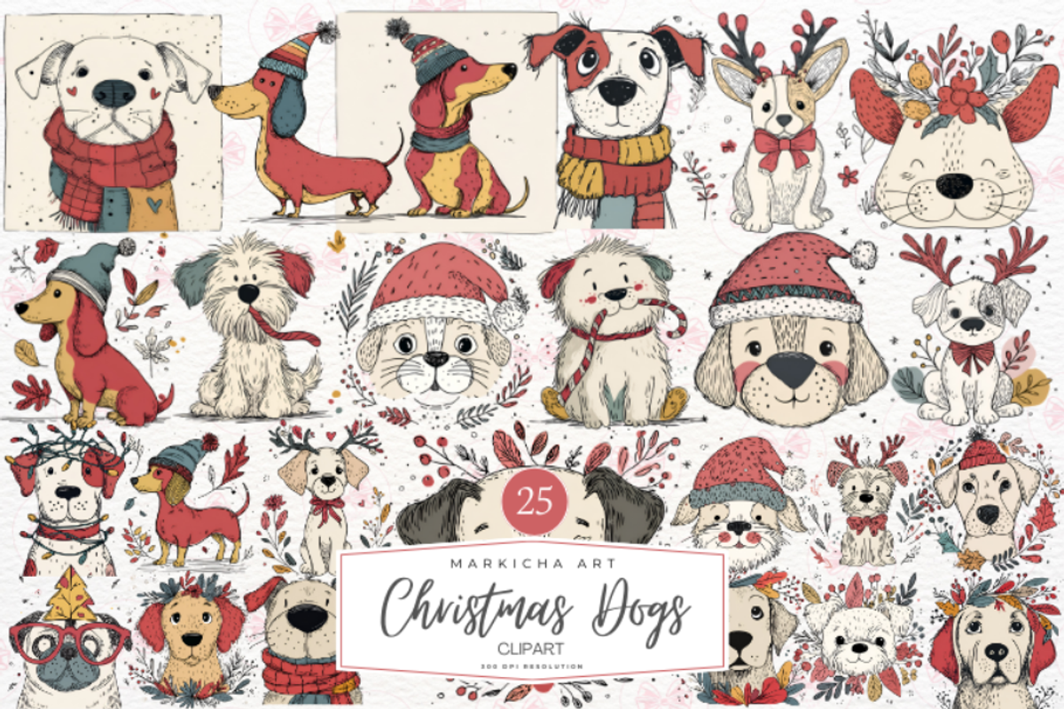Whimsy Christmas Dogs Clipart, a Graphic by Markicha Art (Photo 1 of 4)
