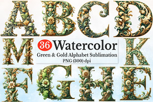 Watercolor Green & Gold Alphabet Cl