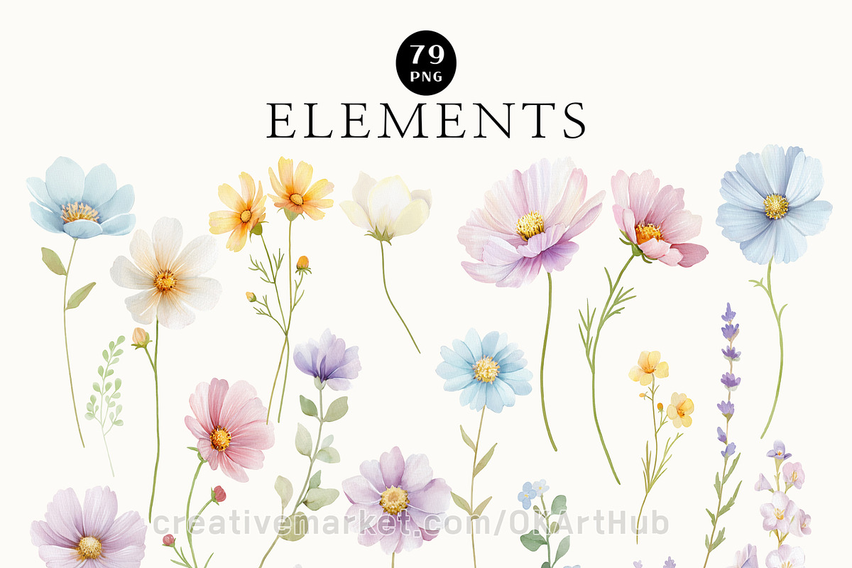 Pastel Wildflowers & Bows Clipart, a Decorative Illustration by OKArtHub (Photo 3 of 11)