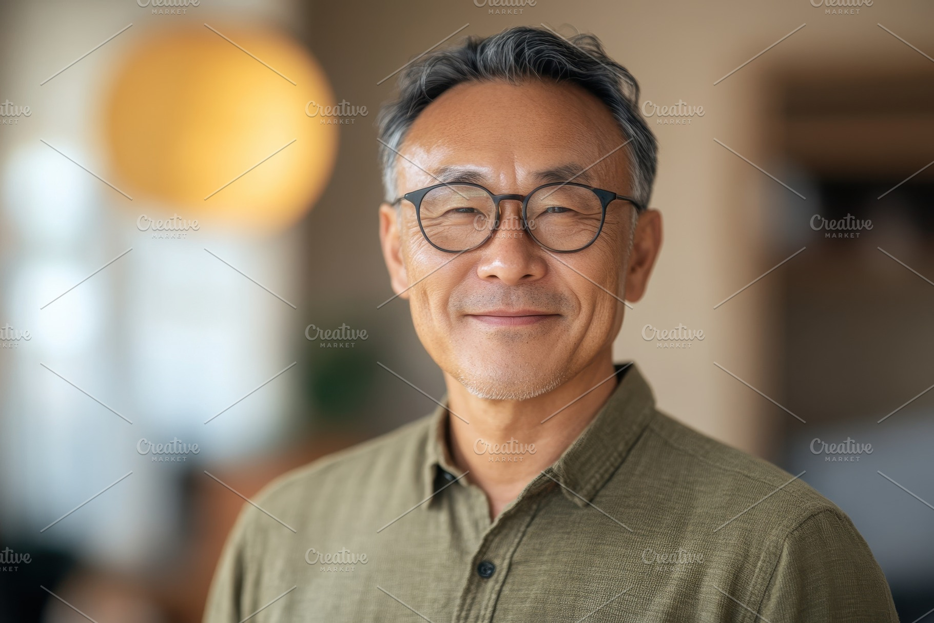 Confident smiling asian man in glass, a Photo by Pavel_design