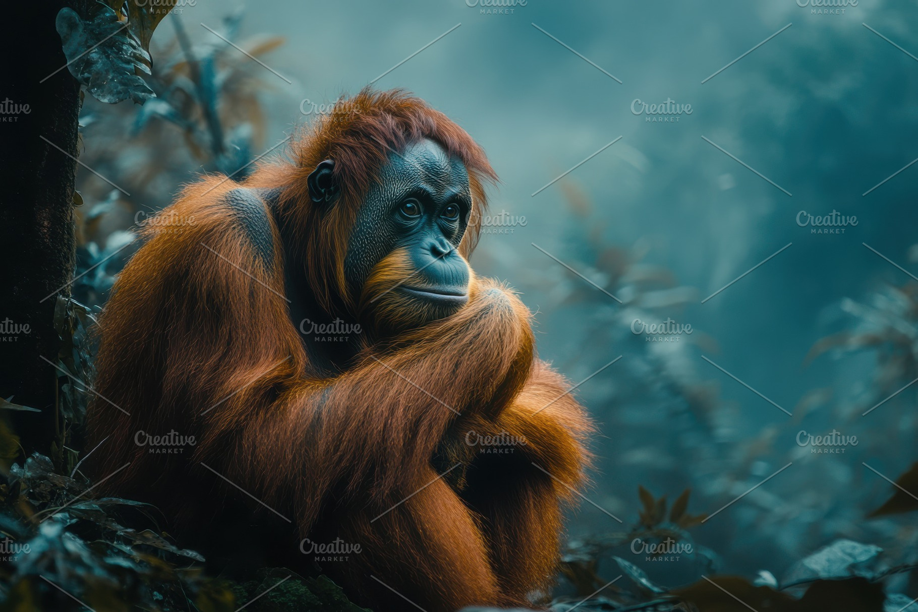 Orangutan in rainforest pensive prim, an Animal Photo by Pixeness Studio