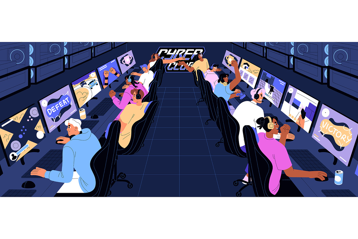 Gamers play video games, cyber club, a Technology Illustration by PaperTrident