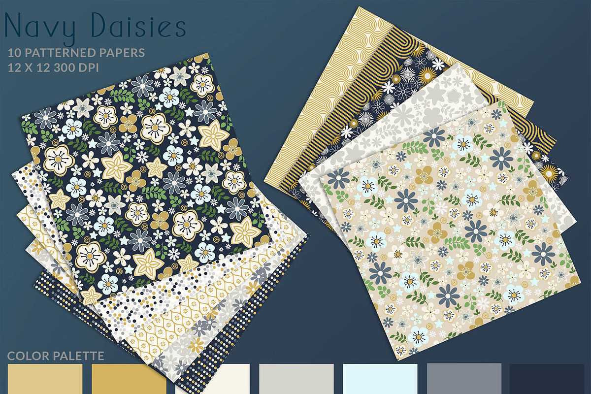 Navy Daisy Printable Scrapbook Paper, a Pattern Graphic by Posh Papers & Patterns (Photo 2 of 8)