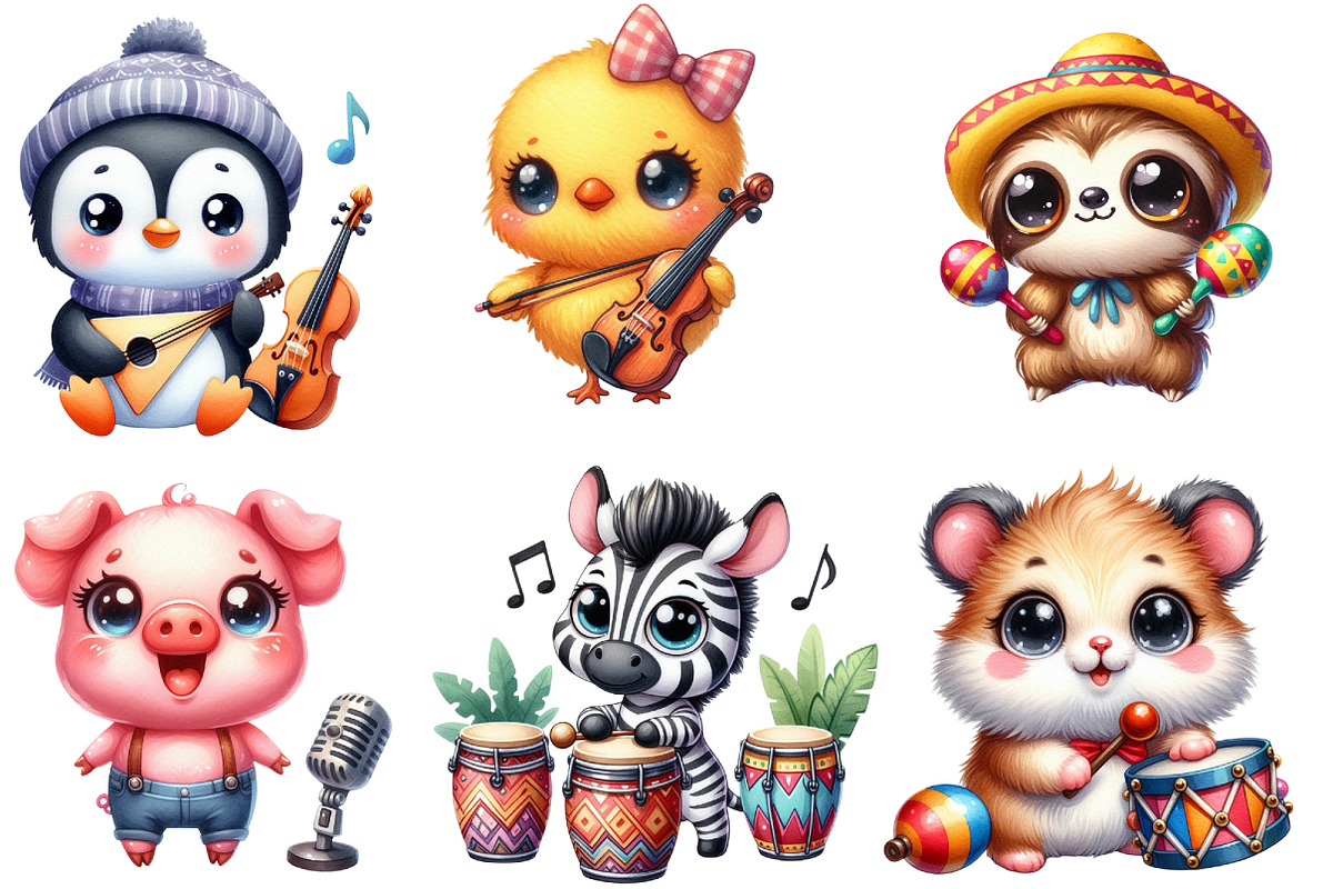 Kawaii Musical Animal Clipart Bundle, an Illustration by Designworld (Photo 3 of 6)