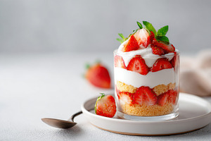 Strawberry dessert in a glass with whipped cream, a Food & Drink Photo by AlyaAnd