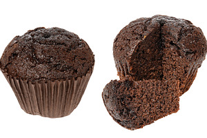 Chocolate muffin in paper form, isolated background, a Food & Drink Photo by ndanko
