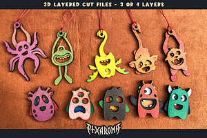 10 Cute Monsters 3D Layered Cut File