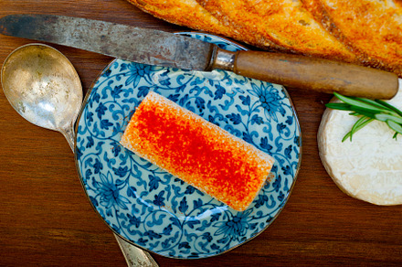 French cheese and fresh  baguette on a wood cutter, a Food & Drink Photo by keko64