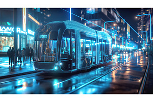 A Futuristic Tram With Neon Lighting