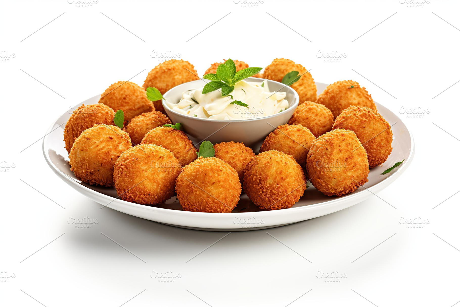 Crispy cheese balls with sauce on white background, a Food & Drink Photo by AlyaAnd