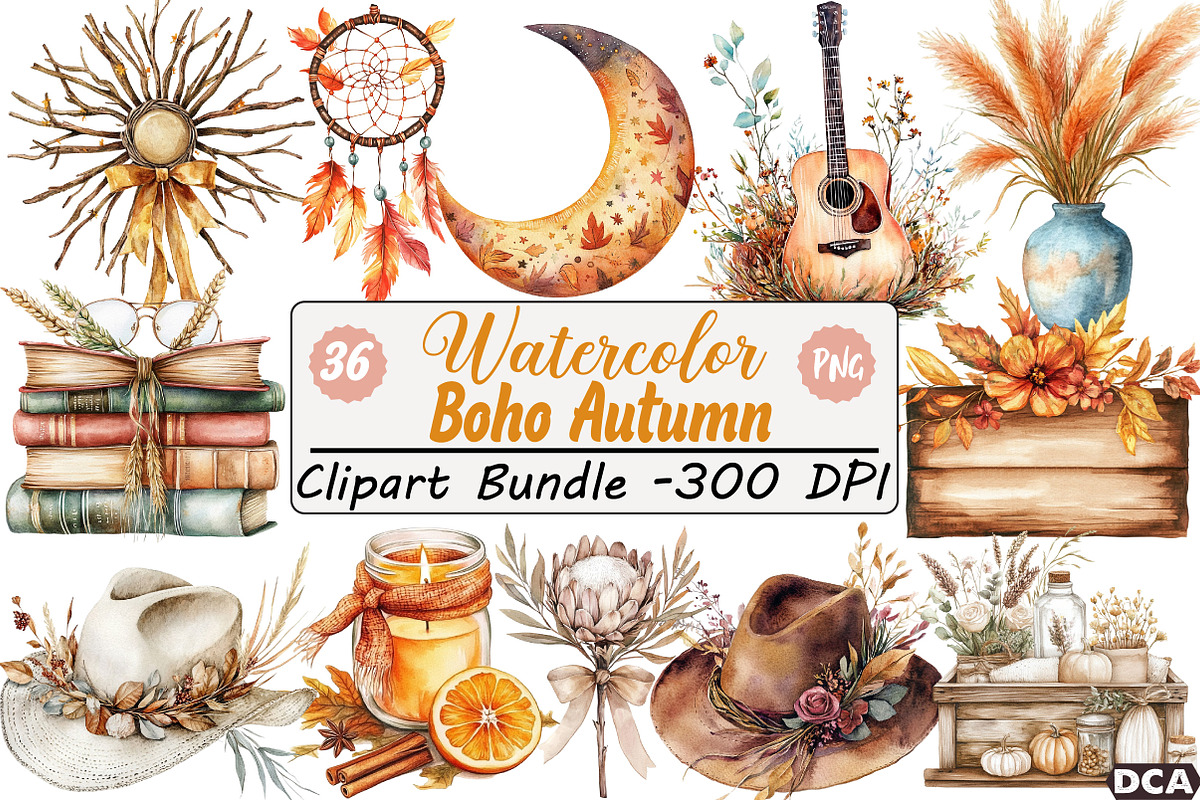 Boho Autumn Clipart, an Illustration by DreamCafeArt (Photo 1 of 7)