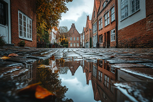 Reflective puddle on cobblestone str, a Photo by Iftikhar Alam