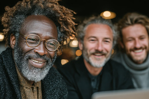 Group of male colleagues smiling and enjoying work collaboration in a casual se, a Person Photo by AS photostudio