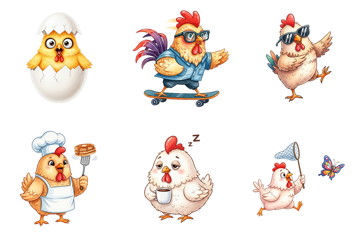 Funny Chicken Clipart, an Illustration by Watercolor design (Photo 4 of 4)