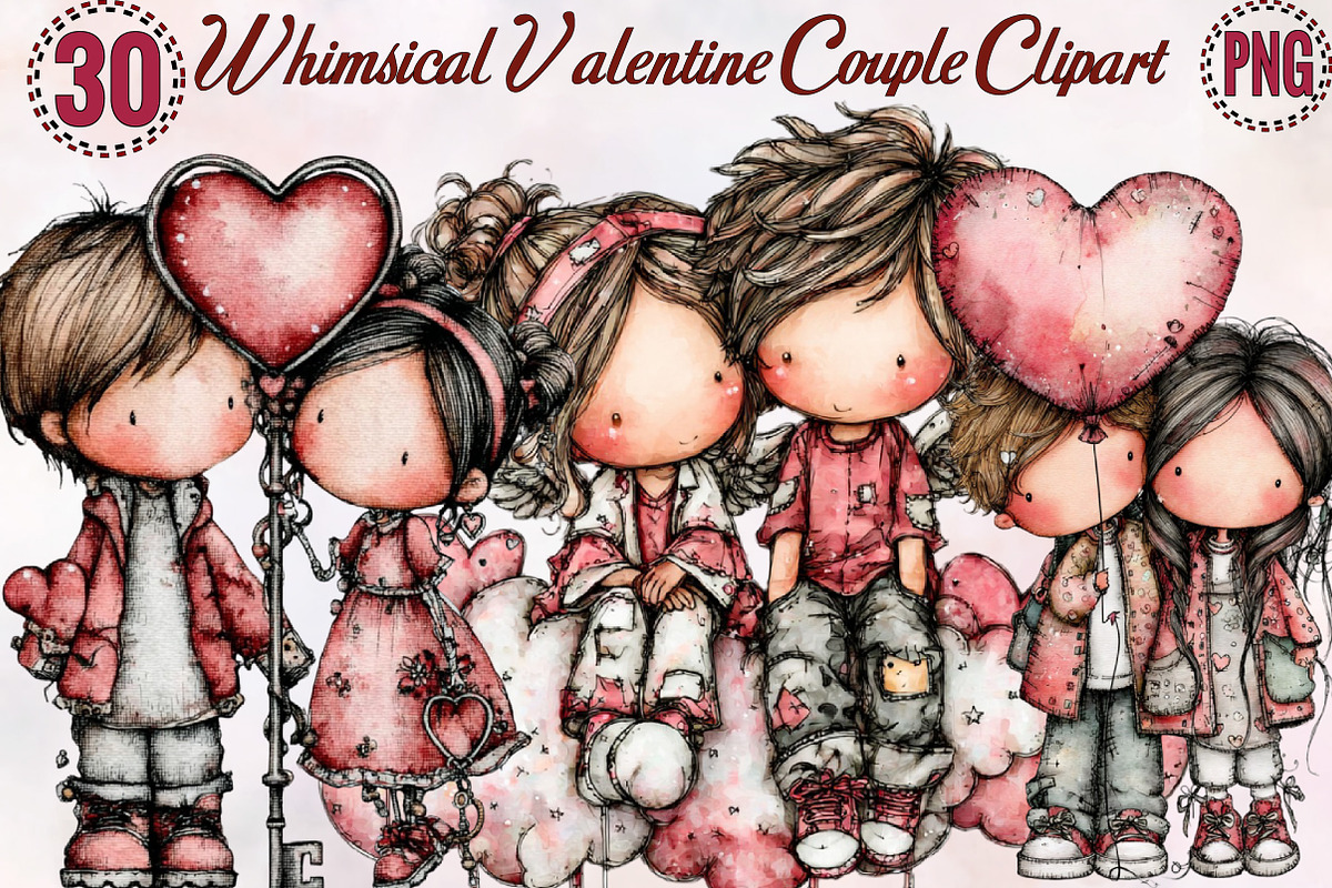 Whimsical Valentine Couple Clipart B, an Illustration by SVGArt (Photo 1 of 8)