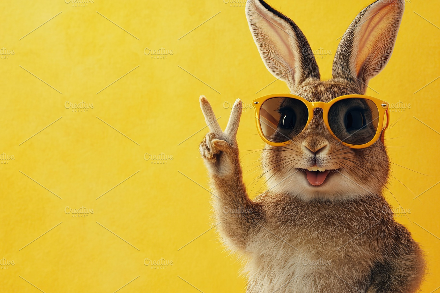 Rabbit in sunglasses gives peace sign against a bright yellow background, an Animal Photo by AlyaAnd