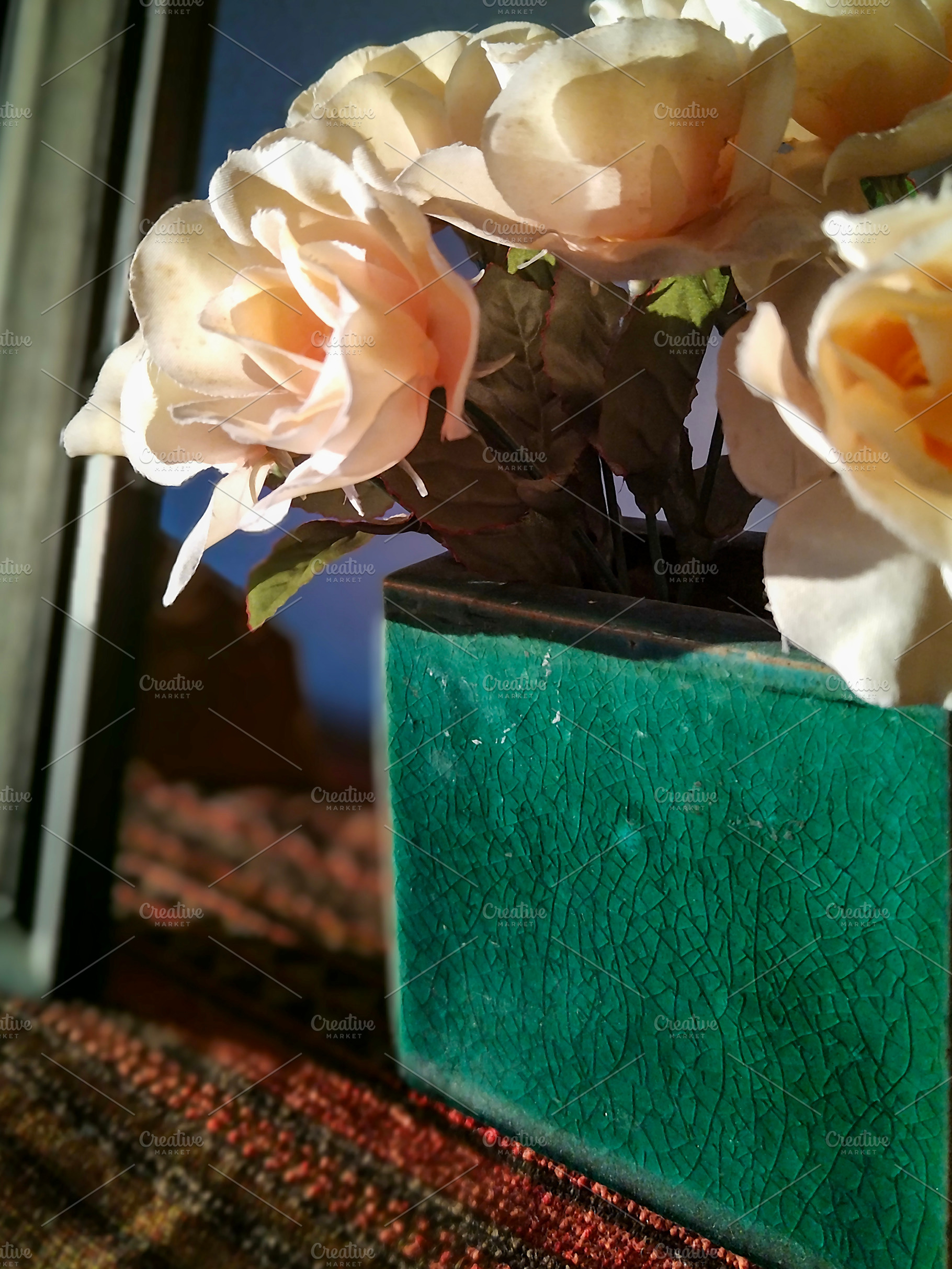 Cream artificial roses in vase on window ledge, a Beauty & Fashion Photo by DanFLCreativo