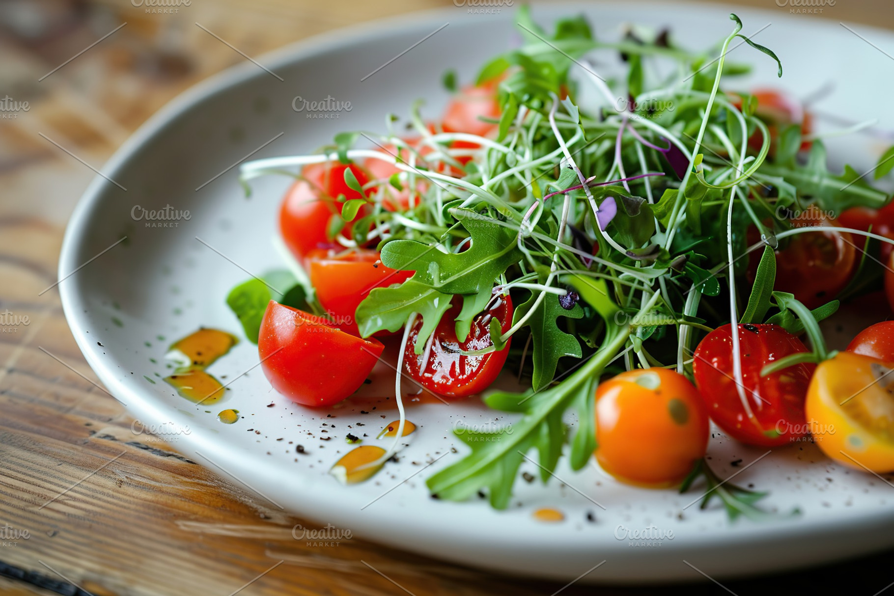 Fresh salad with microgreen, arugula and tomatoes in plate on wooden table, a Food & Drink Photo by AlyaAnd