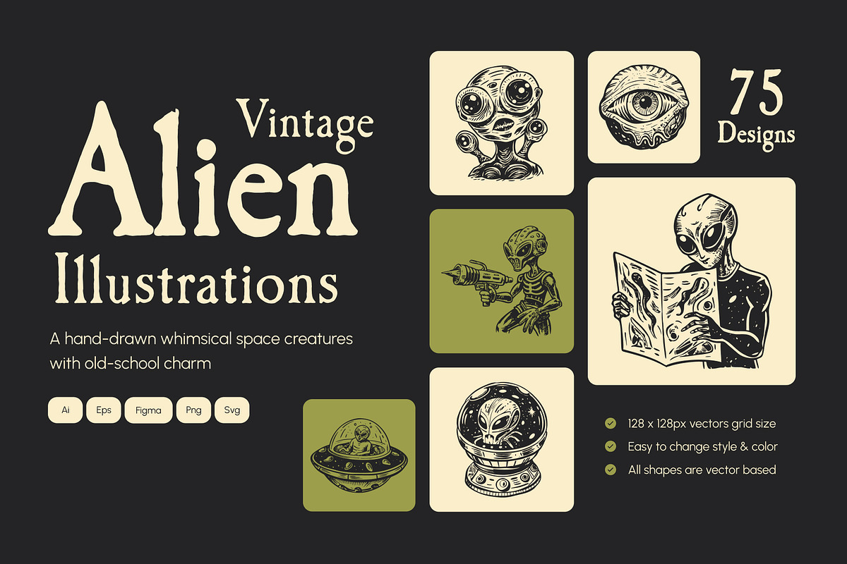 Vintage Alien Illustration Set, a Technology Illustration by Prosymbols (Photo 1 of 10)