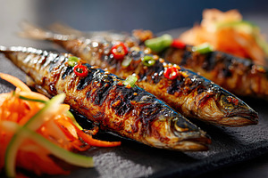 Grilled fish served with colorful vegetables on a sleek black plate at a dining, a Food & Drink Photo by AlyaAnd